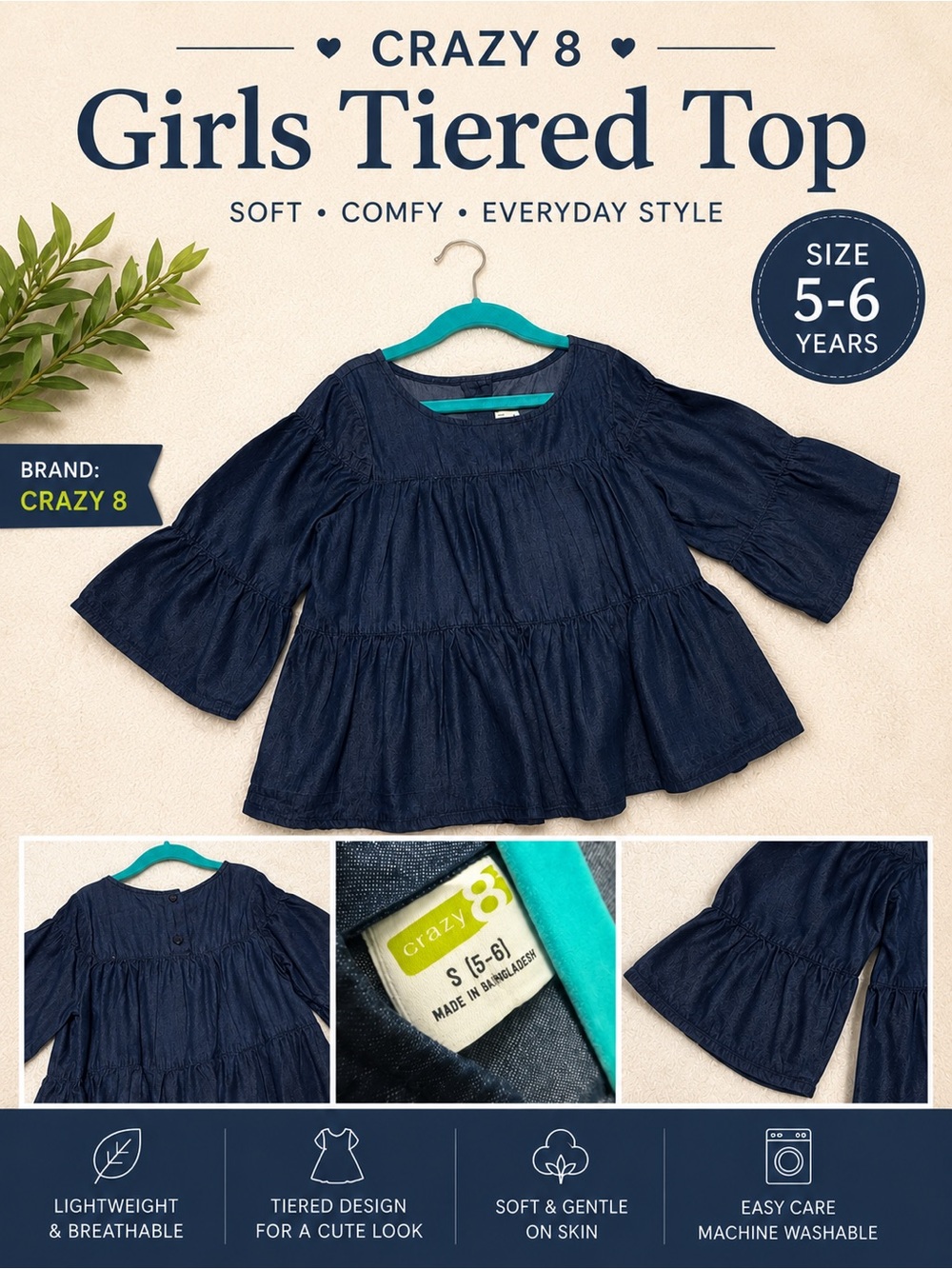 Crazy 8 Navy Tiered Girls Top